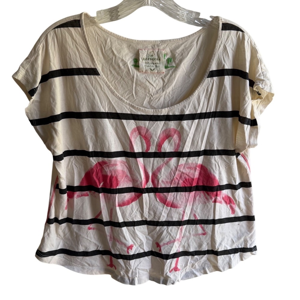 Rapsodia Women Striped Flamingo Graphic T-Shirt Cotton Scoop Neck Cream Black